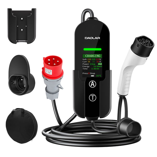 Daolar Typ 2 Ladekabel 11 kW, EV-Ladegerät Drehstrom CEE 16A Mobile Wallbox Ladestation mit einstellbarem Strom und Ladezeitbegrenzung für alle Elektrofahrzeuge EV PHEV