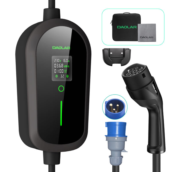 Daolar Ladekabel Typ 2 CEE-Stecker 7,4 kW [1-phasig | 5 m | 6-32 A] mit einstellbarer Ladeleistung, EV-Ladegerät und mobile Ladestation / Wallbox für ID.3, ID.4, ID.5, Model Y / 3, e-up, e-tron, Zoe