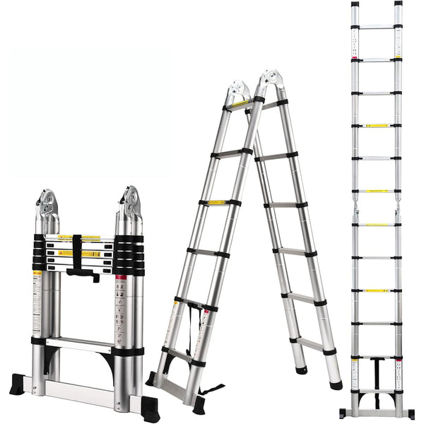 Hliníkový teleskopický žebřík Daolar A Frame s vyvažovací tyčí a pohyblivým kolem, žebřík pro velké zatížení vydrží 150 kg pro domácnost, venkovní použití